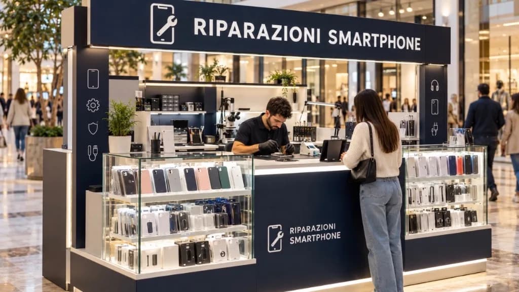 Stand per riparazioni smartphone e vendita accessori in centro commerciale