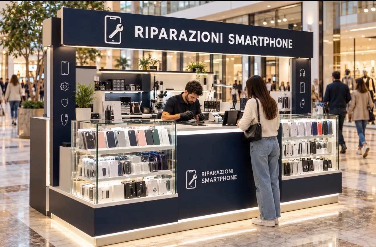 Stand per riparazioni smartphone e vendita accessori in centro commerciale